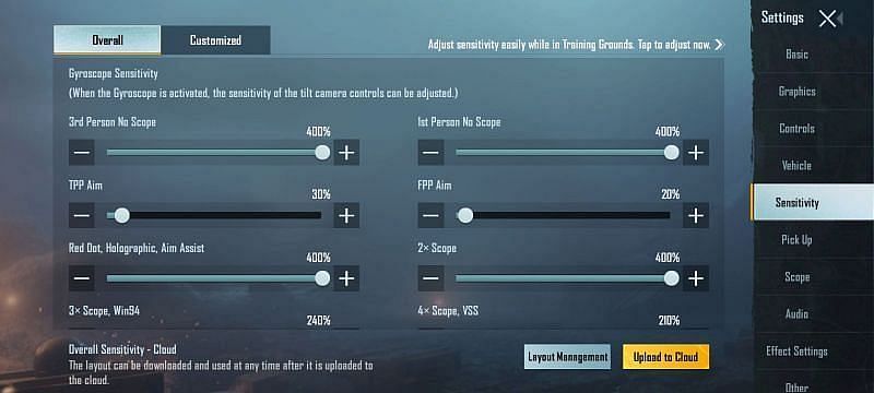 PUBG Mobile gyro sensitivity settings for thumb players (Image via PUBG Mobile)