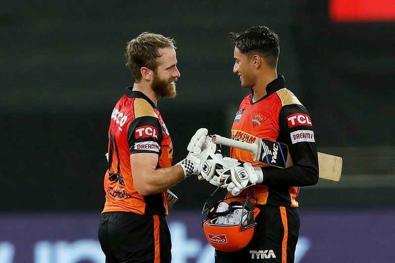 SRH&#039;s Kane Williamson and Abhishek Sharma celebrate their win on Monday. (PC: IPLT20.com)