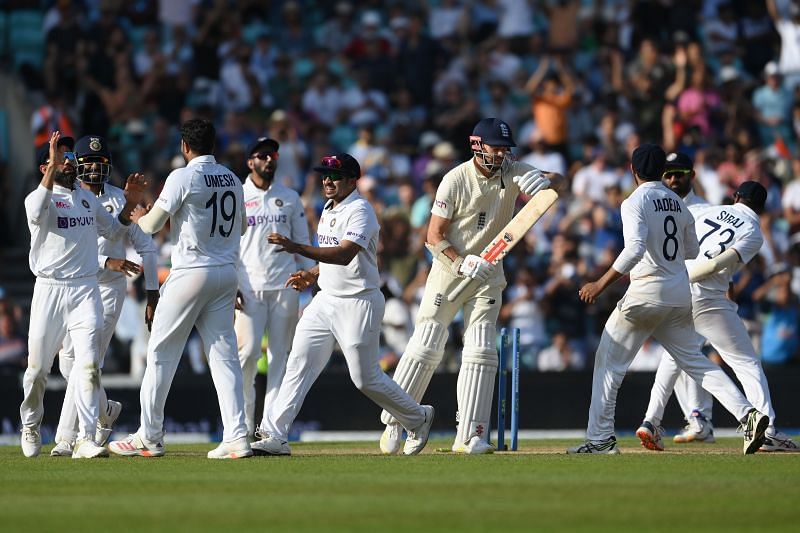 Jimmy Anderson of England calls for a review in vain as India celebrate at The Oval. Pic: Getty Images