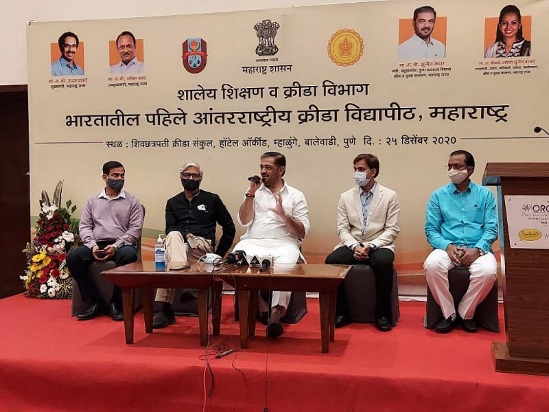 Maharashtra sports minister Sunil Kedar (C) at the proposed International Sports University