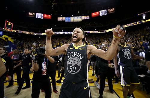 Steph Curry celebrates after a game with the Portland Trail Blazers