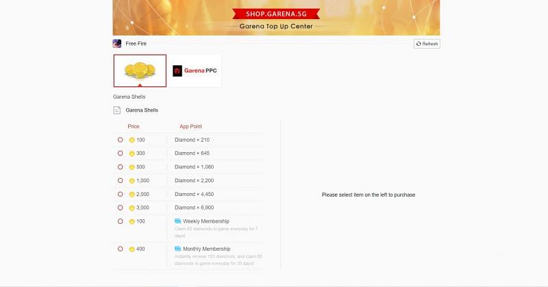 Players must pick the number of diamonds they want to purchase (Image via Garena Topup Center)