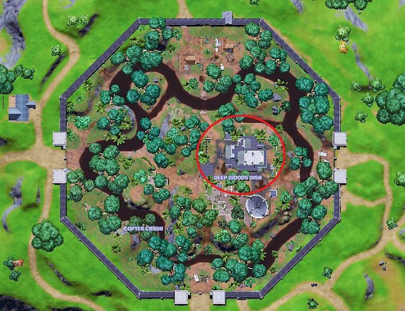 IO equipment location in Deep Woods Dish (Image via Fortnite.GG)