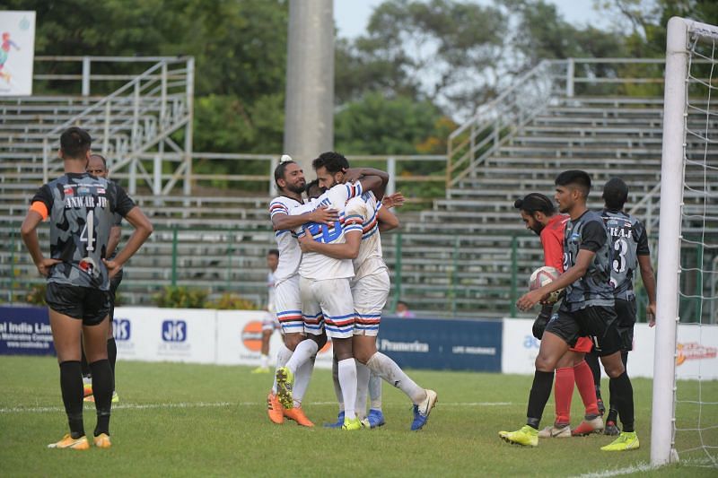 Indian Navy celebrate their late winner over Delhi FC