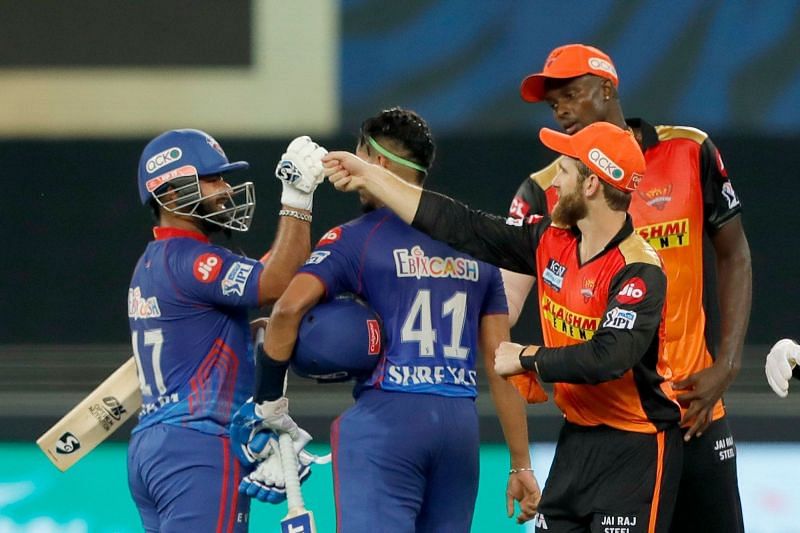 DC and SRH skippers fist-bump after the former&#039;s win on Wednesday. (PC: Saikat Das / Sportzpics for IPL)
