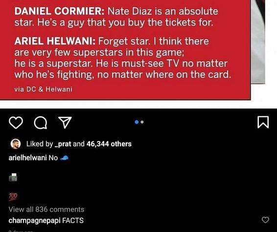 Snippet of Ariel Helwani&#039;s post and Drake&#039;s comment [Image Courtesy: @arielhelwani on Instagram]