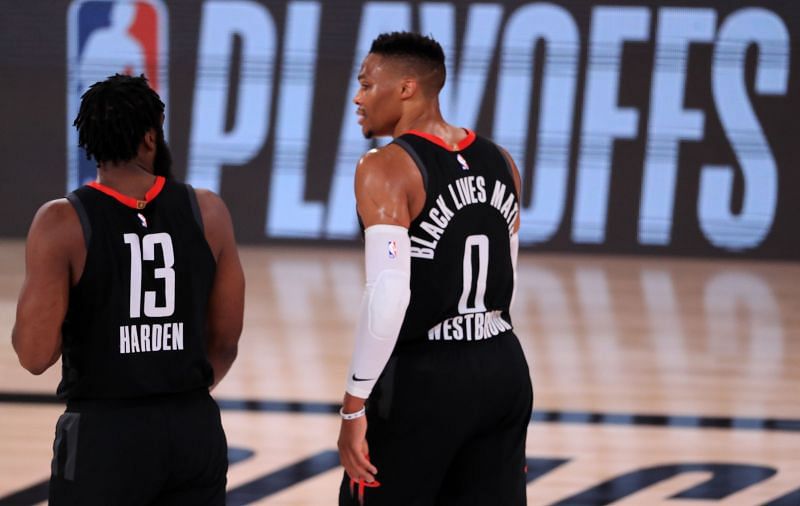 Russell Westbrook and James Harden during the 2020 NBA Playoffs.