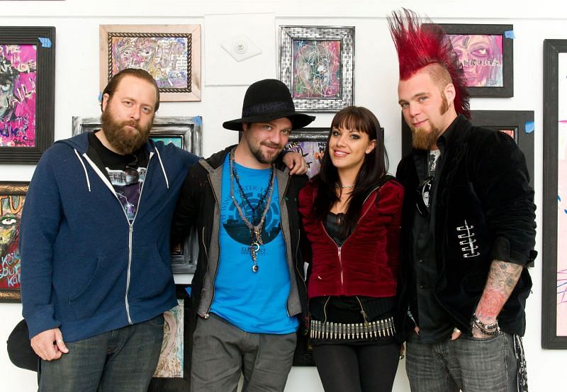 Ryan Gee, Bam Margera, Nicole Boyd, and Geoff &quot;Red Mohawk&quot; Blake at the Bam Margera &amp; Friends art exhibit opening. (Image via Getty Images)