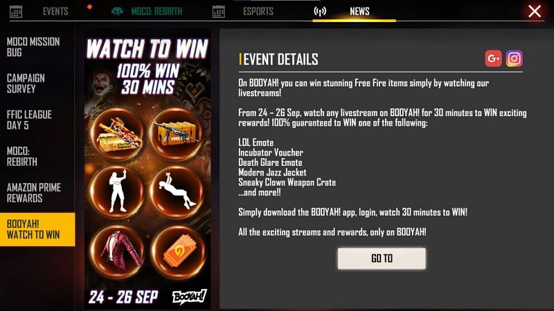 This Watch-to-Win event will run between 24 September and 26 September (Image via Free Fire)