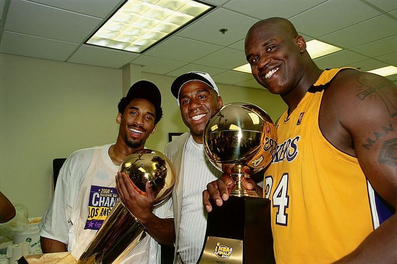 Magic Johnson along with Kobe Bryant and Shaquille O&#039;Neal (right) after the 2000 NBA Finals [Source: SLAM]
