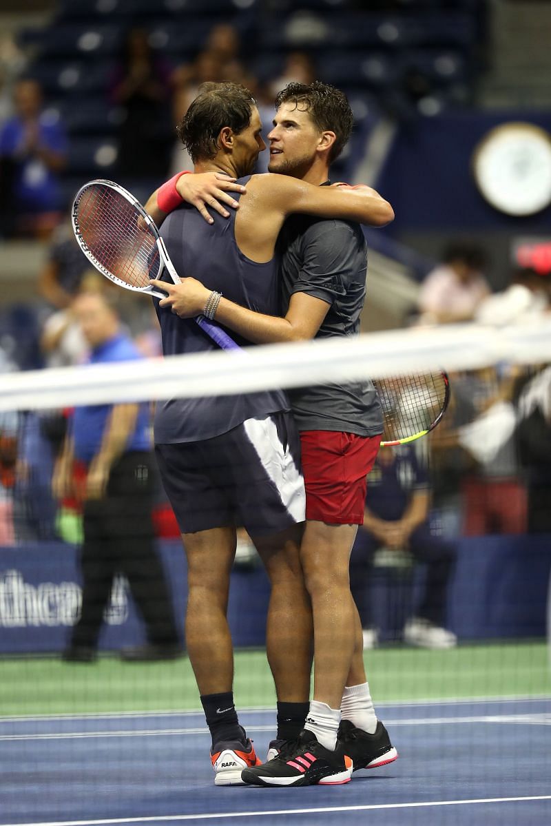 Rafael Nadal (L) and Dominic Thiem after their five-set thriller in the 2018 US Open quarterfinal