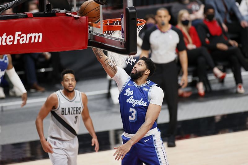 Anthony Davis #3 of the Los Angeles Lakers shoots against the Portland Trail Blazers during the second quarter at Moda Center on May 07, 2021 in Portland, Oregon.