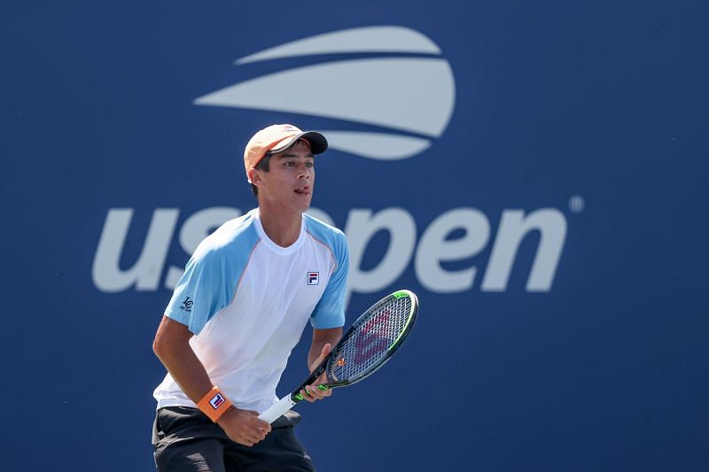 Mackenzie McDonald in action against David Goffin in the first round of the 2021 US Open