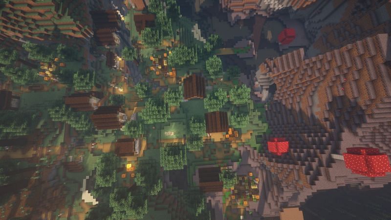 A mushroom island next to a village (Image via Minecraft)