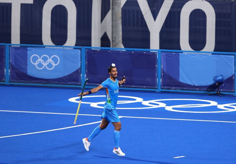Dilpreet Singh celebrates after scoring a goal at the Tokyo Olympics.