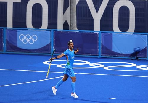 Dilpreet Singh celebrates after scoring a goal at the Tokyo Olympics.