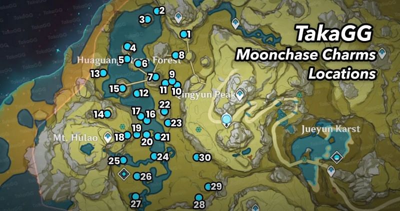 A map of all 30 Moonchase Charms in Genshin Impact (Image via taka gg/YouTube)