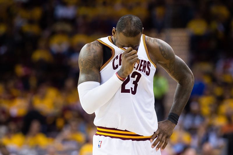 LeBron James #23 of the Cleveland Cavaliers reacts after being fouled during the second half of Game Two of the NBA Eastern Conference semifinals against the Toronto Raptors at Quicken Loans Arena on May 3, 2017 in Cleveland, Ohio. The Cavaliers defeated the Raptors 125-103.