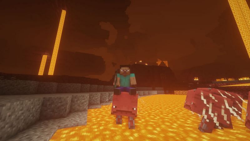 Steve riding a strider with a warped fungus on a stick in his hand (Image via Minecraft)
