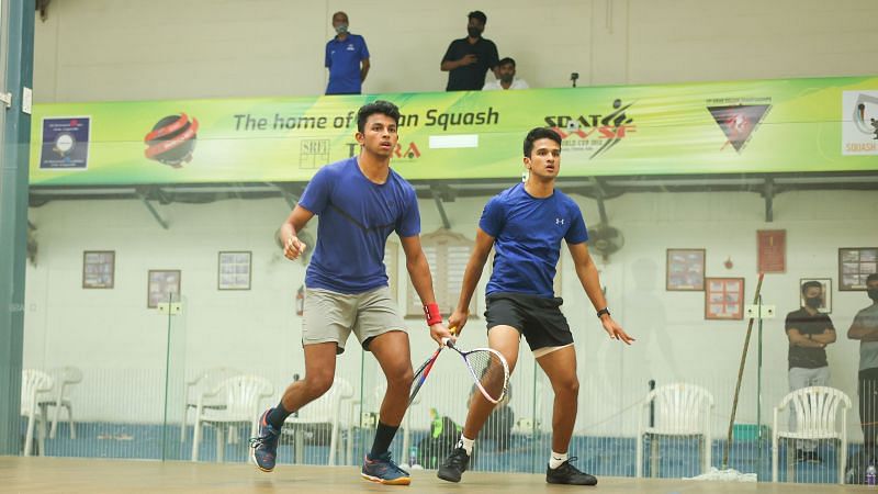 Velavan Senthilkumar (left) in action at the Domestic squash Challenger.