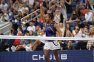 Leylah Fernandez reacts during her fourth-round match against Angelique Kerber