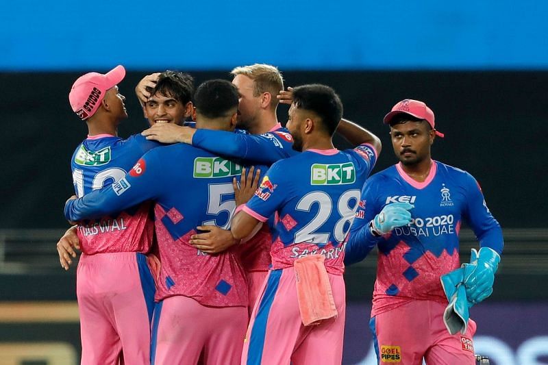 RR players celebrate a PBKS wicket on Tuesday. (PC: Saikat Das / SPORTZPICS for BCCI)