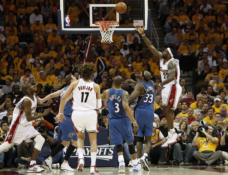 LeBron James #23 shoots over Brendan Haywood #33.