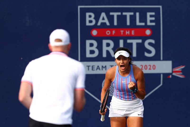 Raducanu during a Battle Of The Brits Team Tennis match against Andy Murray.