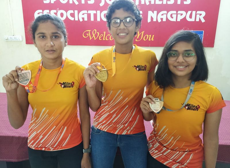 From left: Snehal Joshi, Sanjana Joshi and Yashashree Dhole display their medals on Wednesday