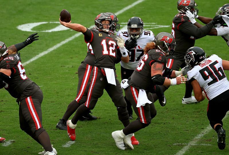 Tom Brady of the Tampa Bay Buccaneers passes against the Atlanta Falcons