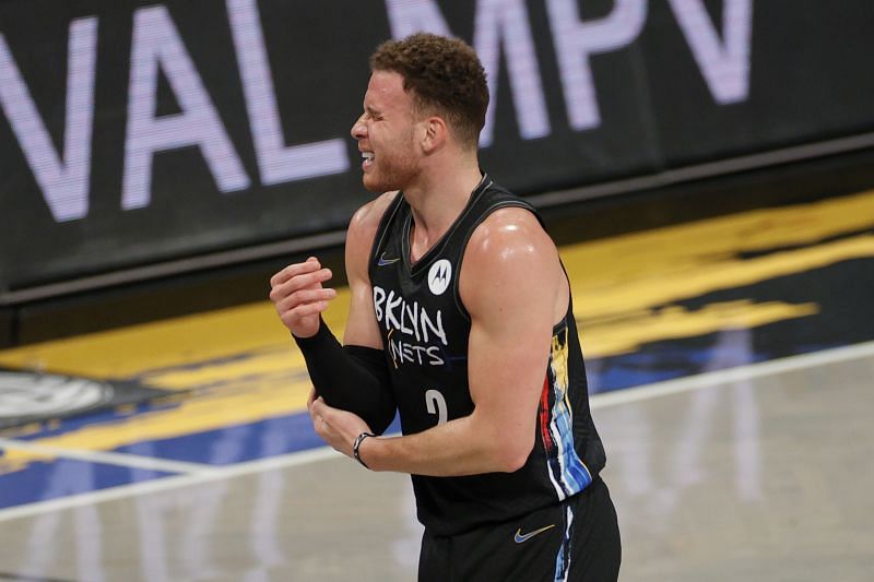 Blake Griffin #2 of the Brooklyn Nets reacts holding his elbow during the second half of Game Two of their Eastern Conference first-round playoff series against the Boston Celtics at Barclays Center on May 25, 2021 in the Brooklyn borough of New York City.