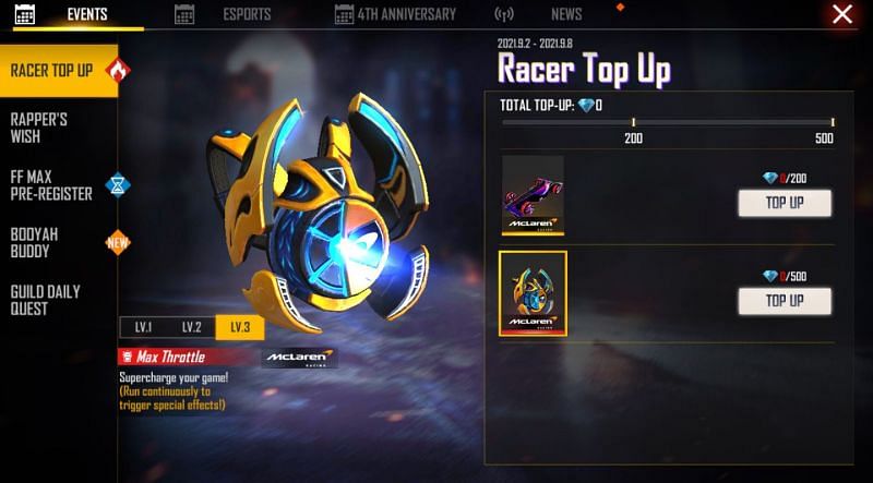 The Racer Top Up event will last until September 8 (Image via Free Fire)