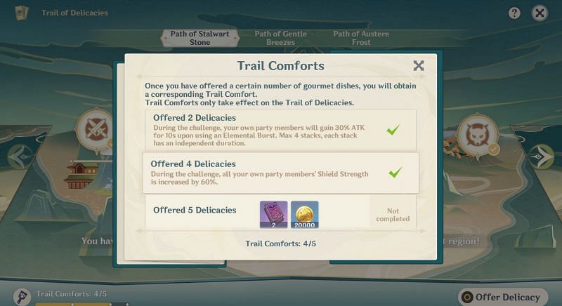Offer dishes to obtain Trail Comforts (Image via Genshin Impact)