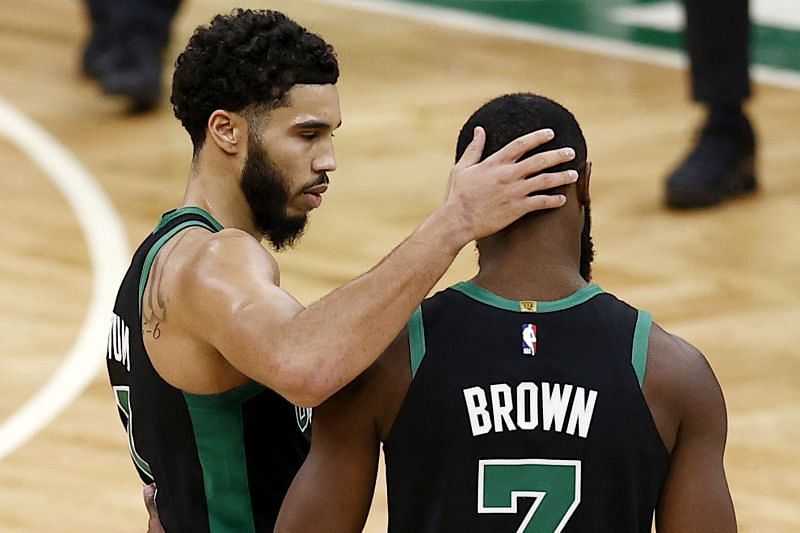 Jayson Tatum and Jaylen Brown in a game against the Detroit Pistons.