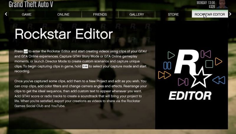 Rockstar Editor tab from the in-game pause menu in GTA 5 (Image via YouTube, Cal45)