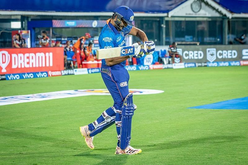 Rohit Sharma walking out to bat in the first half of the IPL.