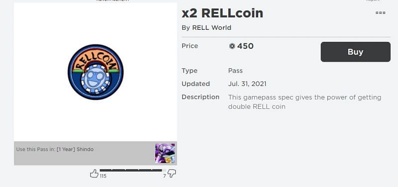 The x2 RELLcoin Gamepass page. (Image via Roblox Corporation)