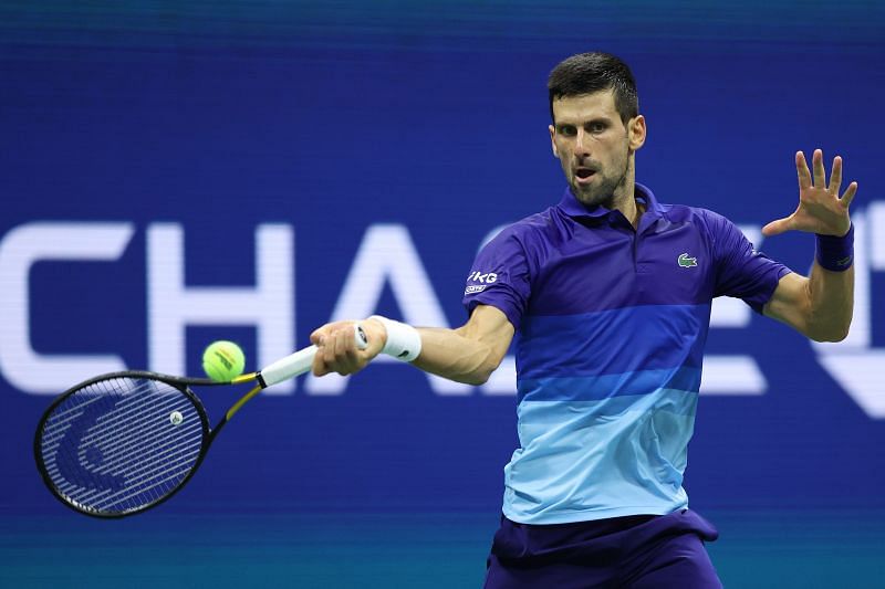 Novak Djokovic in action against Matteo Berrettini in the quarterfinals of US Open 2021
