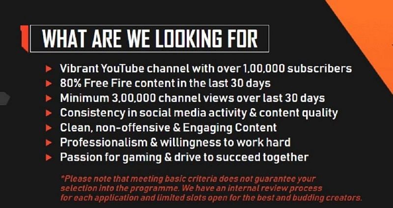 List of needs that a content creator/streamer must fulfill (Image via Garena)