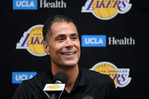 GM Rob Pelinka speaks during Los Angeles Lakers Media Day