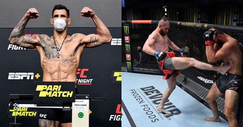 Aleksandar Rakic (left) poses during a UFC weigh-in, and Jiri Prochazka (right) kicks Dominick Reyes