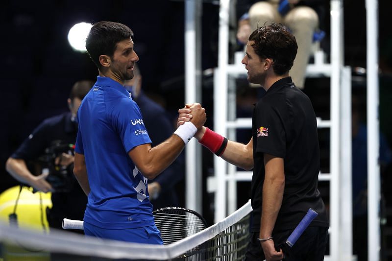 Novak Djokovic (L) and Dominic Thiem at the 2020 ATP Finals