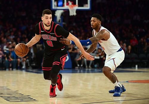 Zach LaVine playing against the New York Knicks in Madison Square Garden.