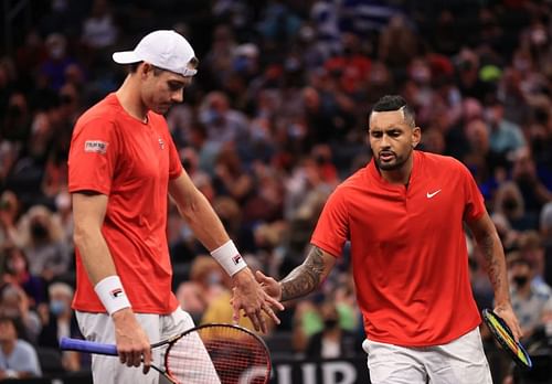 John Isner (L) and Nick Kyrgios at the 2021 Laver Cup