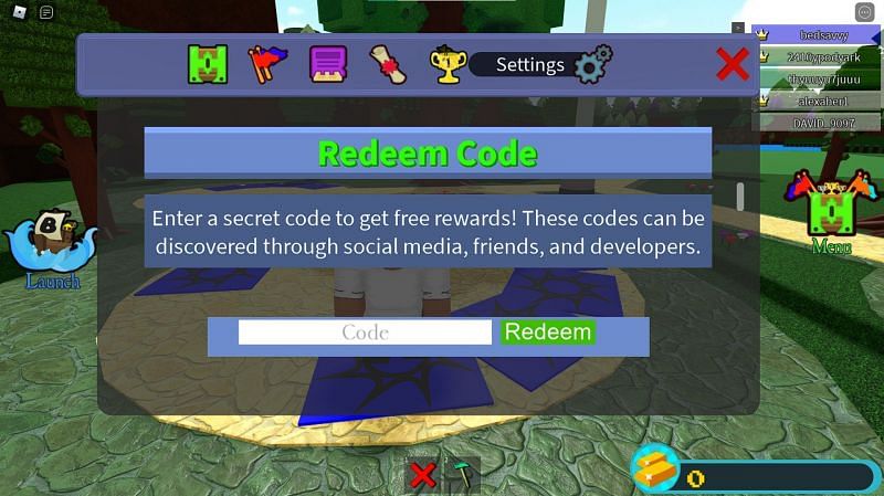 The code redemption window in Build a Boat for Treasure. (Image via Roblox Corporation)