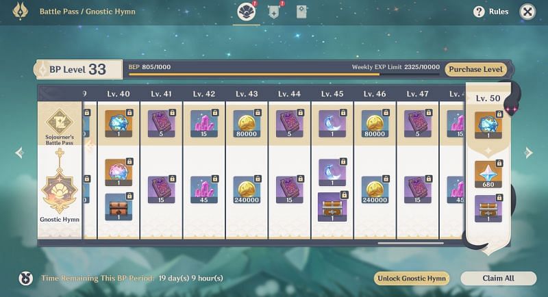 Battle Pass and Gnostic Hymn page (Image via Genshin Impact)