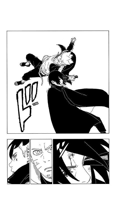 A possessed Boruto drives a kunai through Sasuke&#039;s left eye, to everyone&#039;s surprise. (Image via Fandomwiki)