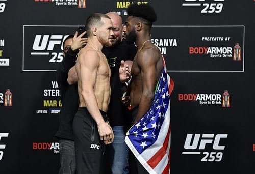 Petr Yan (left) and Aljamain Sterling (right) face off at UFC 259 Blachowicz v Adesanya: Weigh-Ins