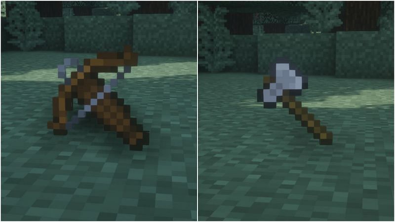 A crossbow and an axe in the game (Image via Minecraft)