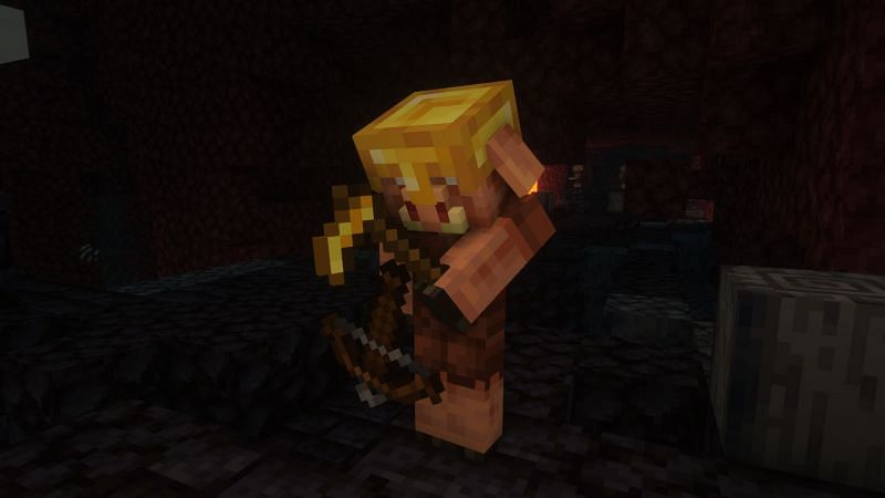 A piglin inspecting a golden hoe (Image via Minecraft)